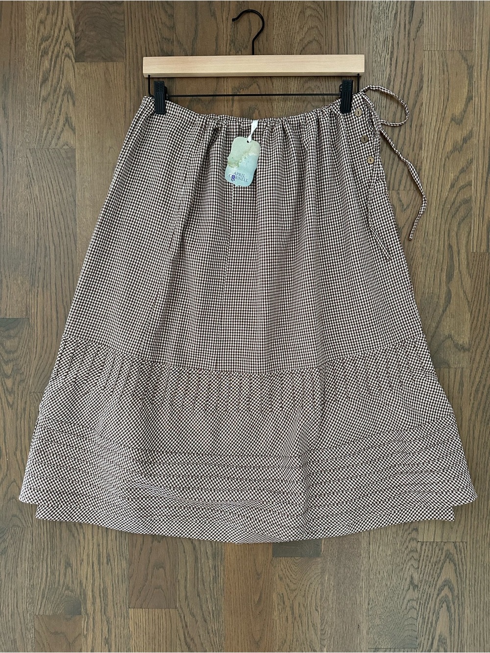 NWT Vintage Deadstock April Cornell Gingham Tie-Waist Layered Midi Skirt Brown M